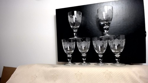 ANTIQUE SET OF 6 PORT SHERRY STEM GLASSES ETCHED WITH GRAPES & VINE C1880 - Picture 2 of 7