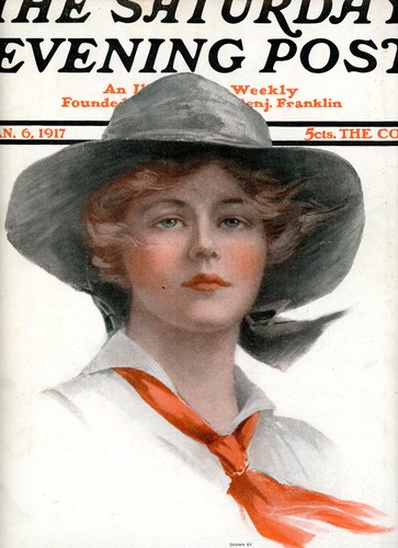 1917 Original Philip Boileau Color Cover Art. Woman w/ Red Scarf & Wide Brim Hat