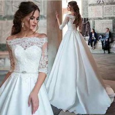 Princess A-line Wedding Dresses Half Sleeves Off Shoulder Satin Bridal Gowns