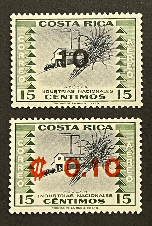 Travelstamps: Costa Rica Air Mail Surcharge Stamps 10c on 15c Sc #C334-C334a MLH - Image 2 of 4