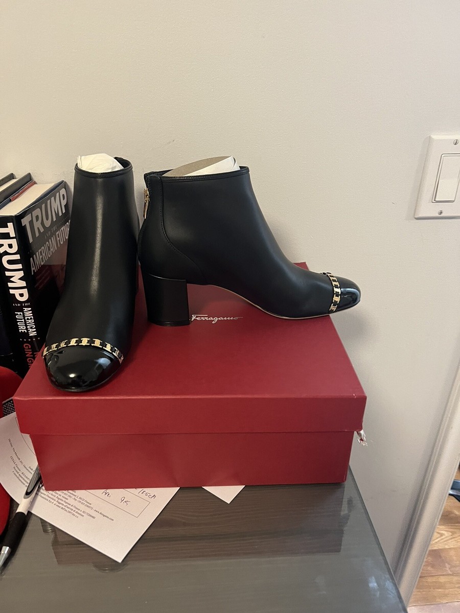 Salvatore FERRAGAMO ATRI Logo Gold CHAIN Womens BOOTIE 9.5 C New