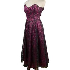 VTG Gunne Sax Pink Black Lace Strapless Tea Length Prom Dress Size 5 Prairie Got