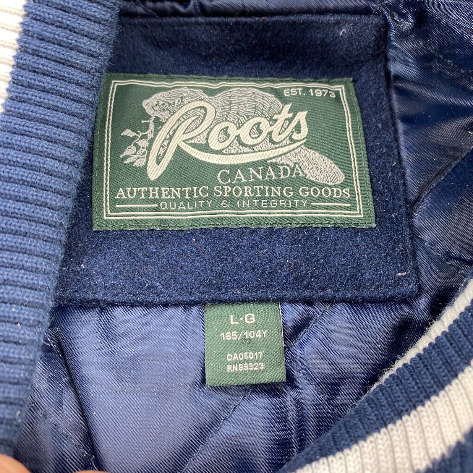 Vintage Roots 73 Canada Varsity Jacket Men Size Large L Navy Blue Wool DEFECT