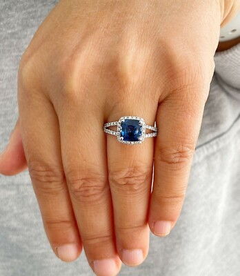 Cushion Cut Simulated Sapphire Women's Split Shank Ring In 14k White Gold  Plated
