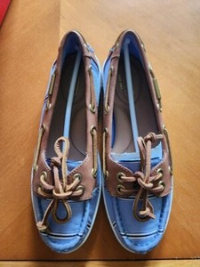 Women’s Coach Richelle Blue Striped Fabric & Brown Leather Boat Shoes Size 5