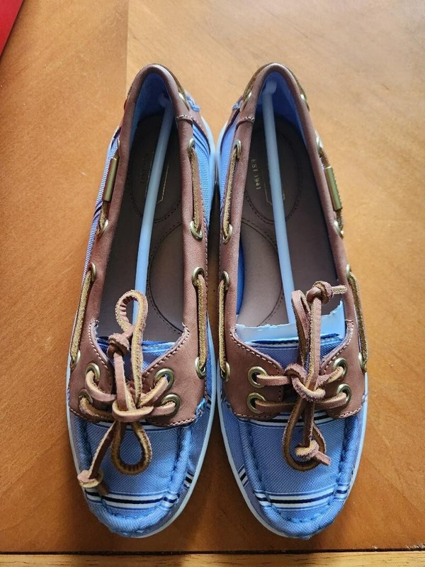 Women’s Coach Richelle Blue Striped Fabric & Brown Leather Boat Shoes Size 5