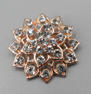 Rhinestone Flower Brooch Rose Gold Tone Dahlia Mandala Victorian Revival NOS