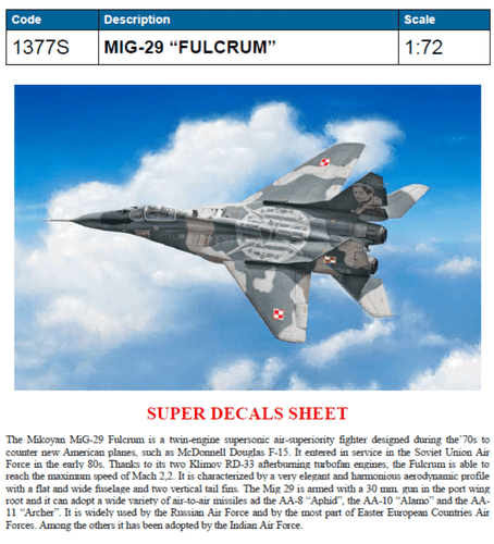 Italeri 1377 Mig-29A Fulcrum 1/72 Scale - Picture 2 of 2