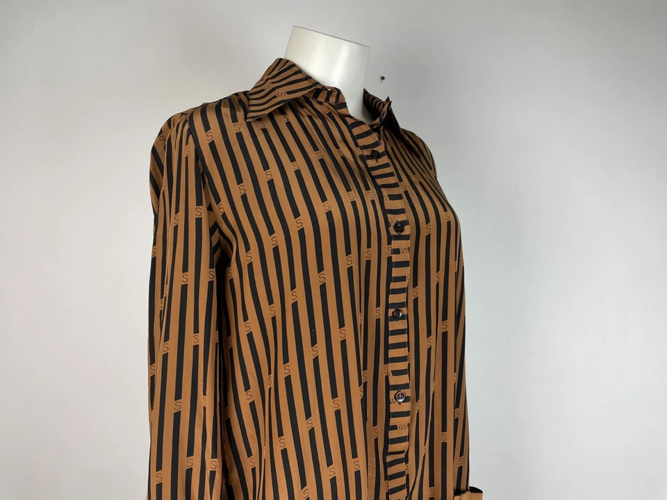 VTG.  80s SOO YUNG LEE Brown Black Stripe Print Long Sleeve Silk Shirt Dress 14 - Image 4 of 4