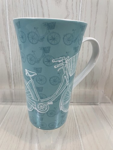 222 FIFTH TALL TURQUOISE BLUE COFFE TEA MUG BICYCLE WITH GARDEN BASKET Porcelain - Picture 2 of 9
