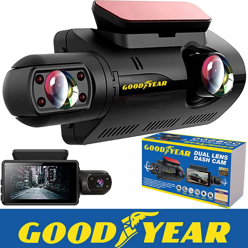 Goodyear Dual Lens Car Dash Cam with Front Rear Internal Camera HD Dashcam Taxi