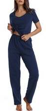 Women's Cotton Sleepwear Short Sleeve Pajamas Sets with Pants Navy XXL