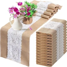 Chumia 12 Pack Lace Burlap Table Runner Rustic 30 x 180 cm, Natural, White 