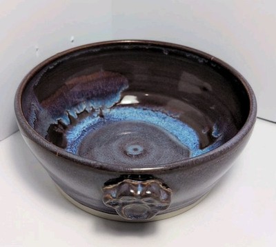 Handmade Studio Pottery Bowl Paw Print Glaze Blue Purple Dog Cat Pet Dish