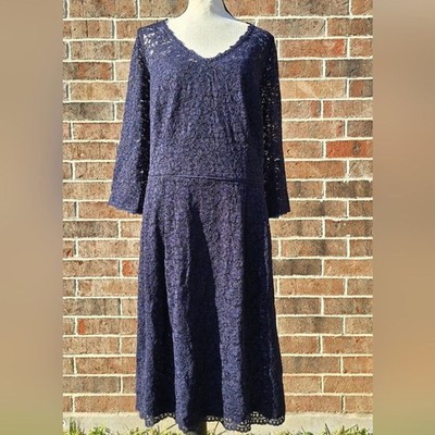 Monsoon Navy Lace Midi Dress 3/4 Sleeve Empire Waist NWT Size 14
