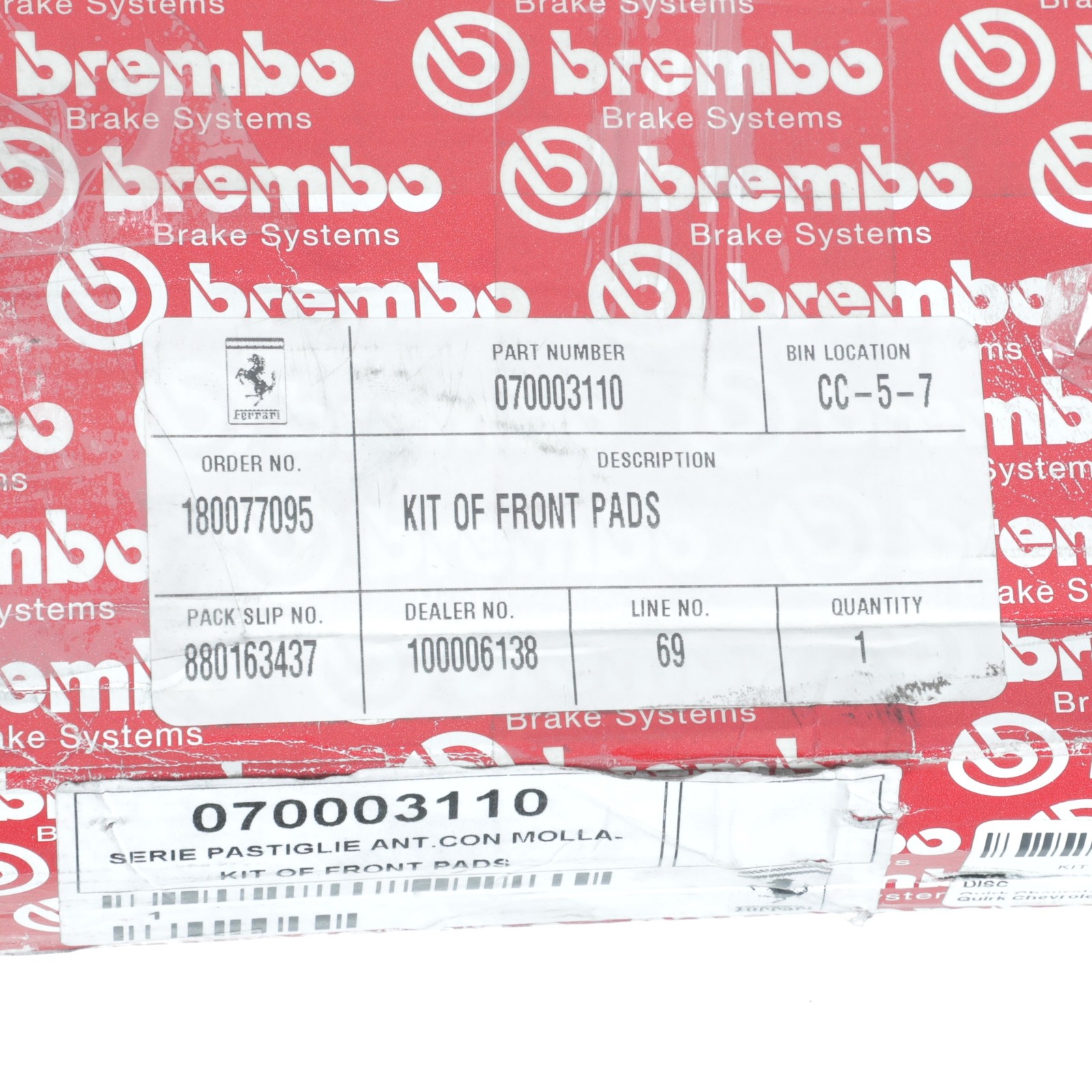 GENUINE Ferrari California BREMBO Textar Front Brake Pads Kit OEM NEW 70003110