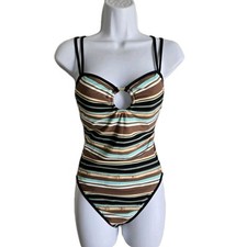 Vtg Anne Cole One Piece Striped Swimsuit 10 Bandeau Criss-Cross Double Straps