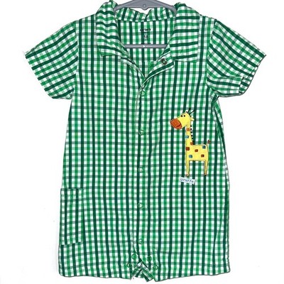 Carter s Baby Boys Green White Checked Giraffe Cotton Snap Romper Size 18M