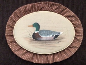 VTG Hand Painted Cottagecore Mallard Duck Wall Hanging Embroidery Hoop Handmade