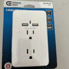 Commercial Electrical White 2- Outlet with 2-4.2 USB Charger Wall Tap