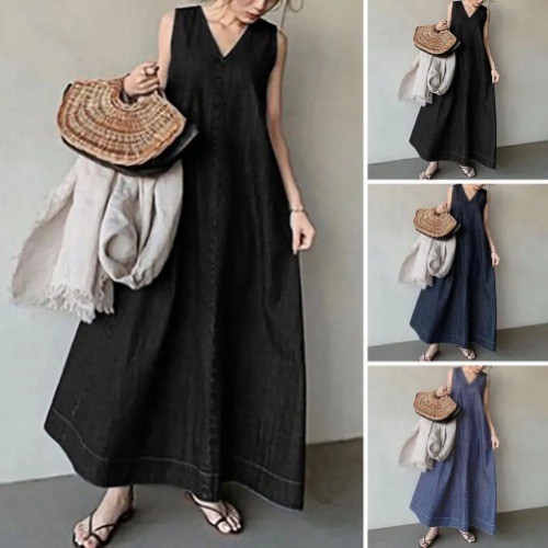 Baumwolle Damen Maxikleid locker ärmellos Trägerkleid weich A-Linie knöchellang L - Bild 11 von 24