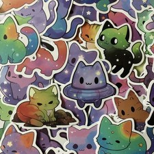 10 Multicolor Vinyl Stickers Set, Cat  Galaxy Theme, Starry Cartoon, Removable