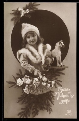Postcard Girl Holding A Little Rocking Horse In Her Arms, Christmas Greetings 