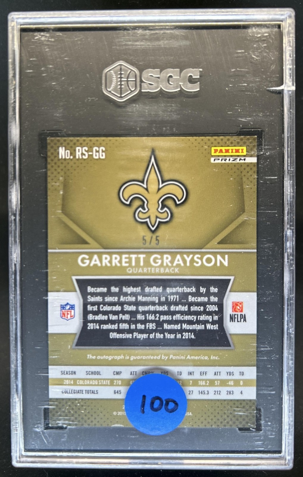 2015 Panini Prizm Garrett Grayson Rookie RC Gold Vinyl Auto #/5 Saints SGC 9 10 view 2