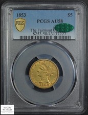 1853 $5 Five Dollar Liberty Head Gold Half Eagle FAIRMONT PCGS AU 58 CAC
