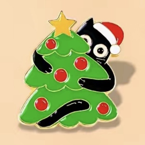 Cartoon Black Cat Holding A Big CHRISTMAS Tree and Wearing A Santa Hat Alloy Pin - Picture 3 of 4