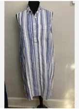 Lands End Dress linen blend stripe 18 pockets collar Blue 