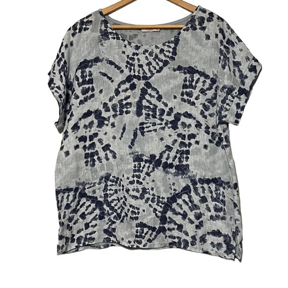 Bellambra Linen Top Woman's Medium Blue Tie Dye Short Sleeve Oversized