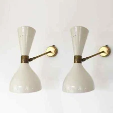 Mid Century Shinny White Brass Wall Sconce Italian Stilnovo Sconce Lighting Pair