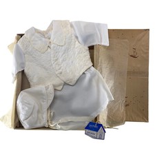 Little Folks Infant Christening Set Vintage Ivory 3 Piece Romper Vest Bonnet Box