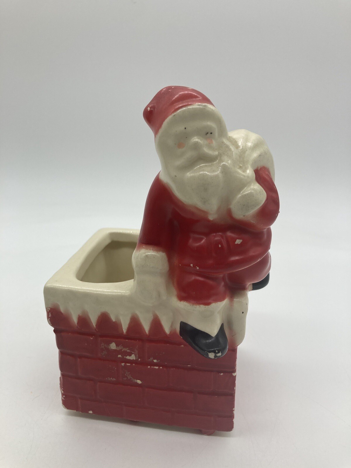 Vintage Ceramic Santa Clause On Chimney Top Planter Figurine No