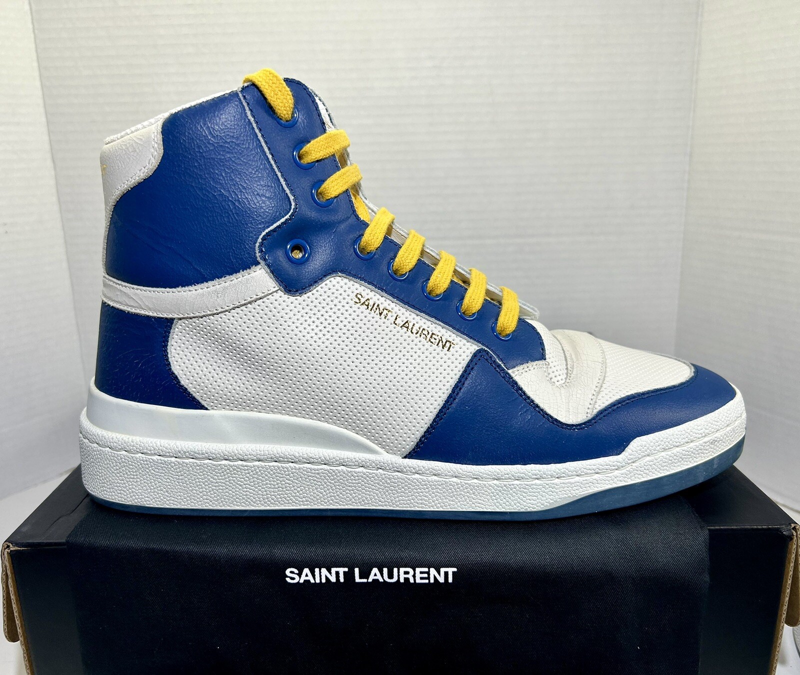 NUOVE SNEAKERS IN PELLE SAINT LAURENT YSL24 MID TOP BIANCHE BLU TAGLIA 42 610619AAAI5