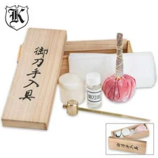 Sword Maintenance Kit Deluxe Japanese Katana Cleaning Set Wood Box and Oil