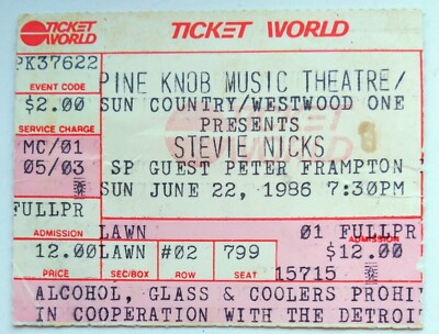 STEVIE NICKS & PETER FRAMPTON CONCERT TICKET LIVE AT PINE KNOB THEATRE 1986 TOUR