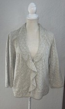 Chico  s Additions Size 2 Linen Blend Eyelet Ruffle Jacket Beige 3/4 Sleeves