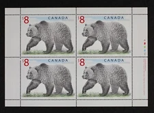 CANADA 1997 #1694, $8 Grizzly Bear Pane of 4 with inscription CLP (blue) Mint NH