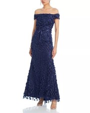 Eliza J Off The Shoulder Navy 3D Floral Appliqué Embellished Dress Gown Sz 2 New