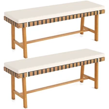 2PCS 48" Long Acacia Wood Outdoor Bench w/Thick Padded Seat Cushion Entryway