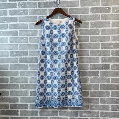 Derhy Sheath Dress Blue White Geometric Lace Overlay Sleeveless Women Size S