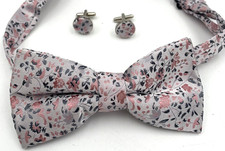 Pink Flowers Bowtie W/ Matching Cuff Links Silver Tone Bow Tie