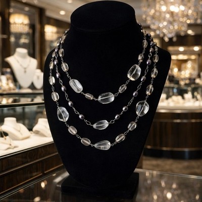 Vtg Rock Crystal & Peacock Pearl 3-Strand Necklace - 15  - Draped -Toggle Clasp
