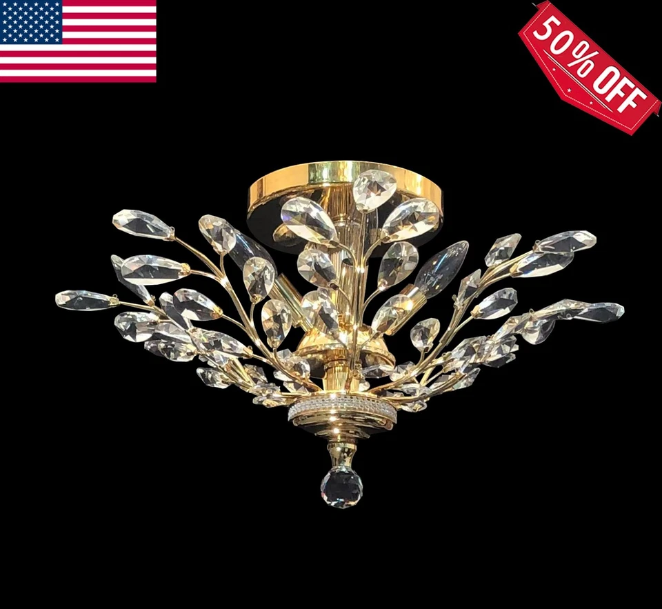 4灯优雅水晶天花板照明灯具镀金,D:21xH:15 — 第 2/3 张图片