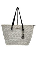 Borsa a tracolla Michael Kors Jet Set Tote in tela bianca MK Monogram Signatu...