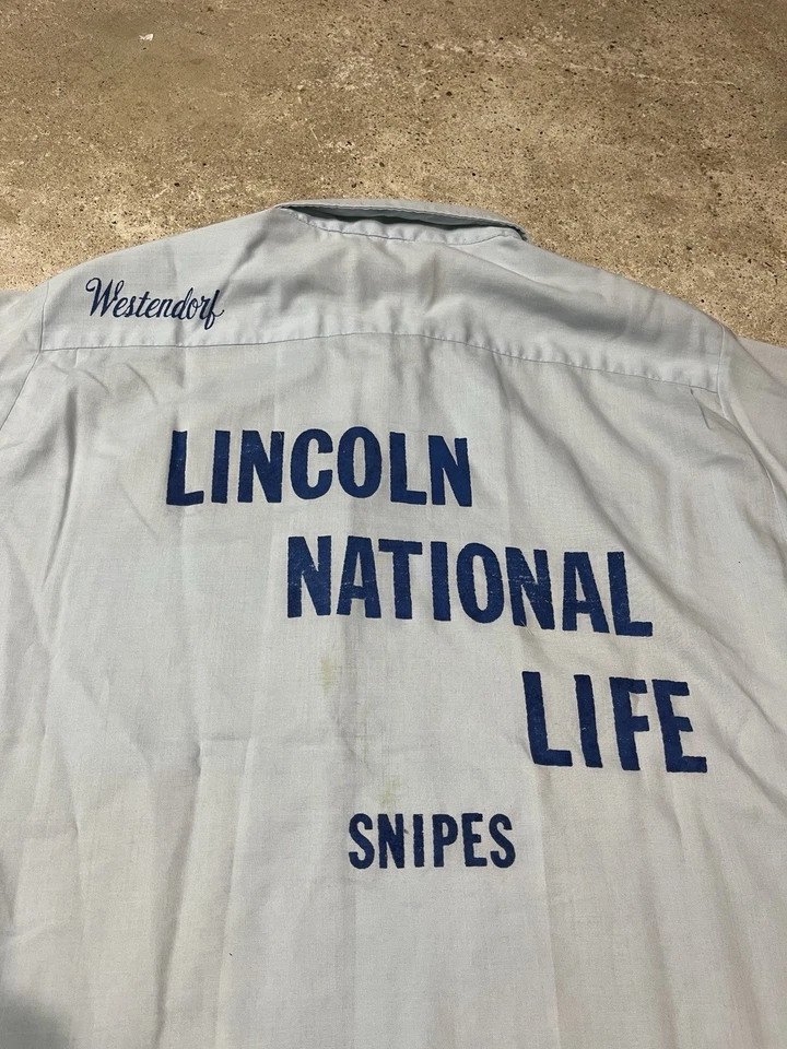 Camisa de Bowling King Louie Vintage Años 50 Lincoln National Life Azul Grande Hilton Foto 2 de 4