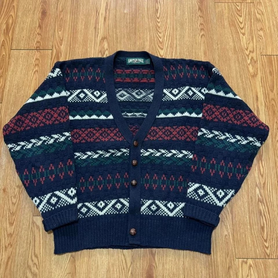 Cárdigan American Eagle Vintage Lana Rayas Multicolor Años 90 Acogedor Talla Mediana Foto 2 de 4