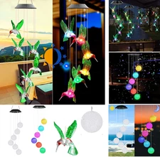 Color Changing Solar LED Wind Chimes Heart Ball Hummingbird Stars Lights Hanging